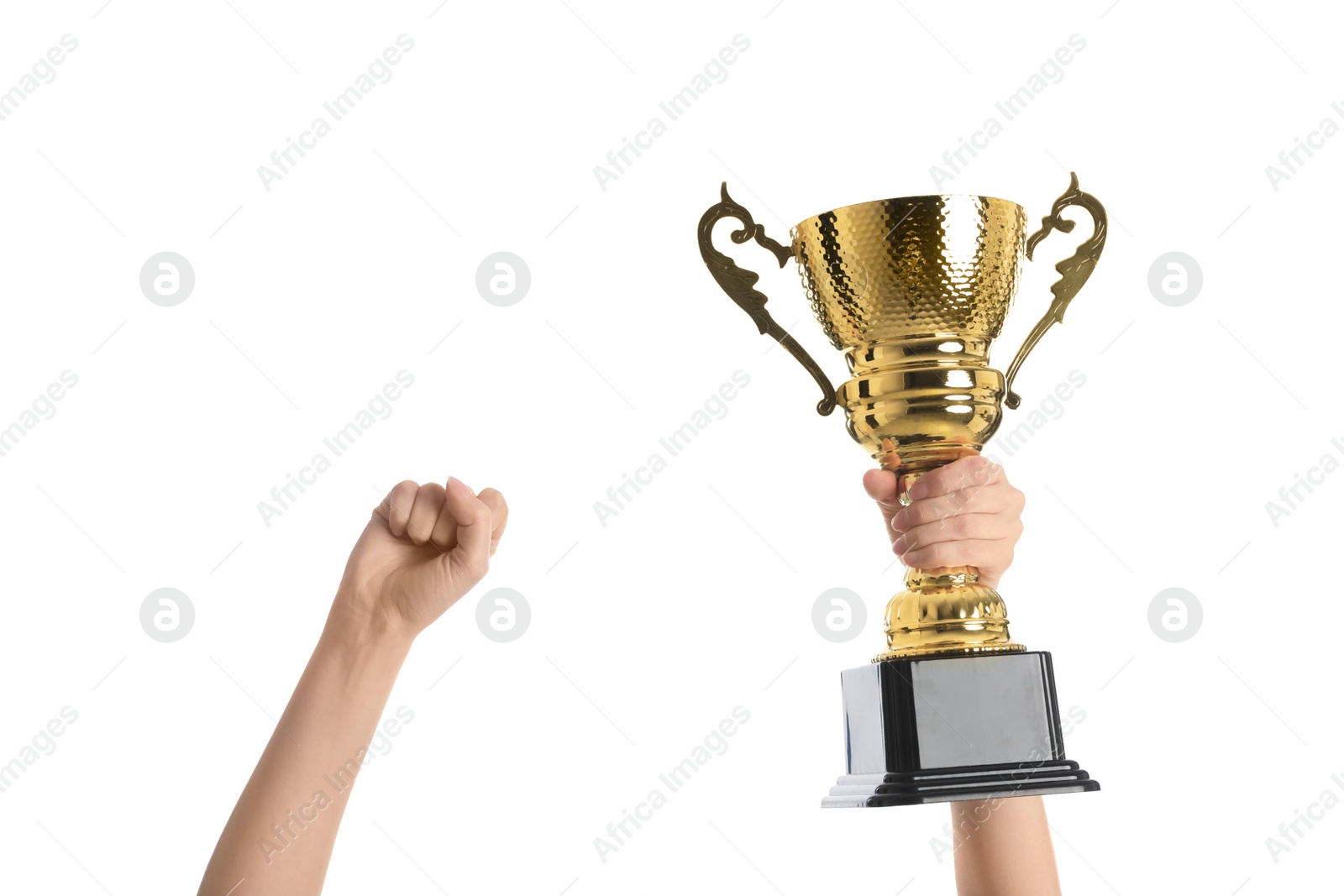 Photo of Woman holding gold trophy cup on white background, closeup