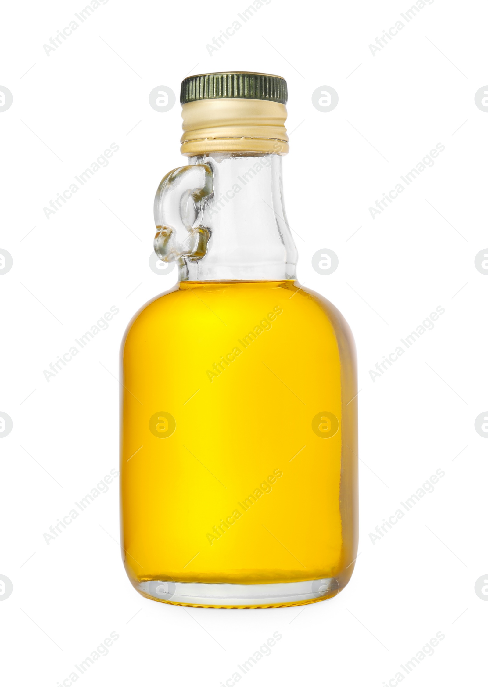 Photo of Glass bottle of cooking oil isolated on white