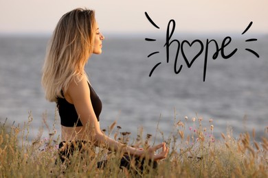 Image of Concept of hope. Woman meditating near sea