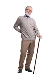 Photo of Senior man with walking cane suffering from back pain on white background