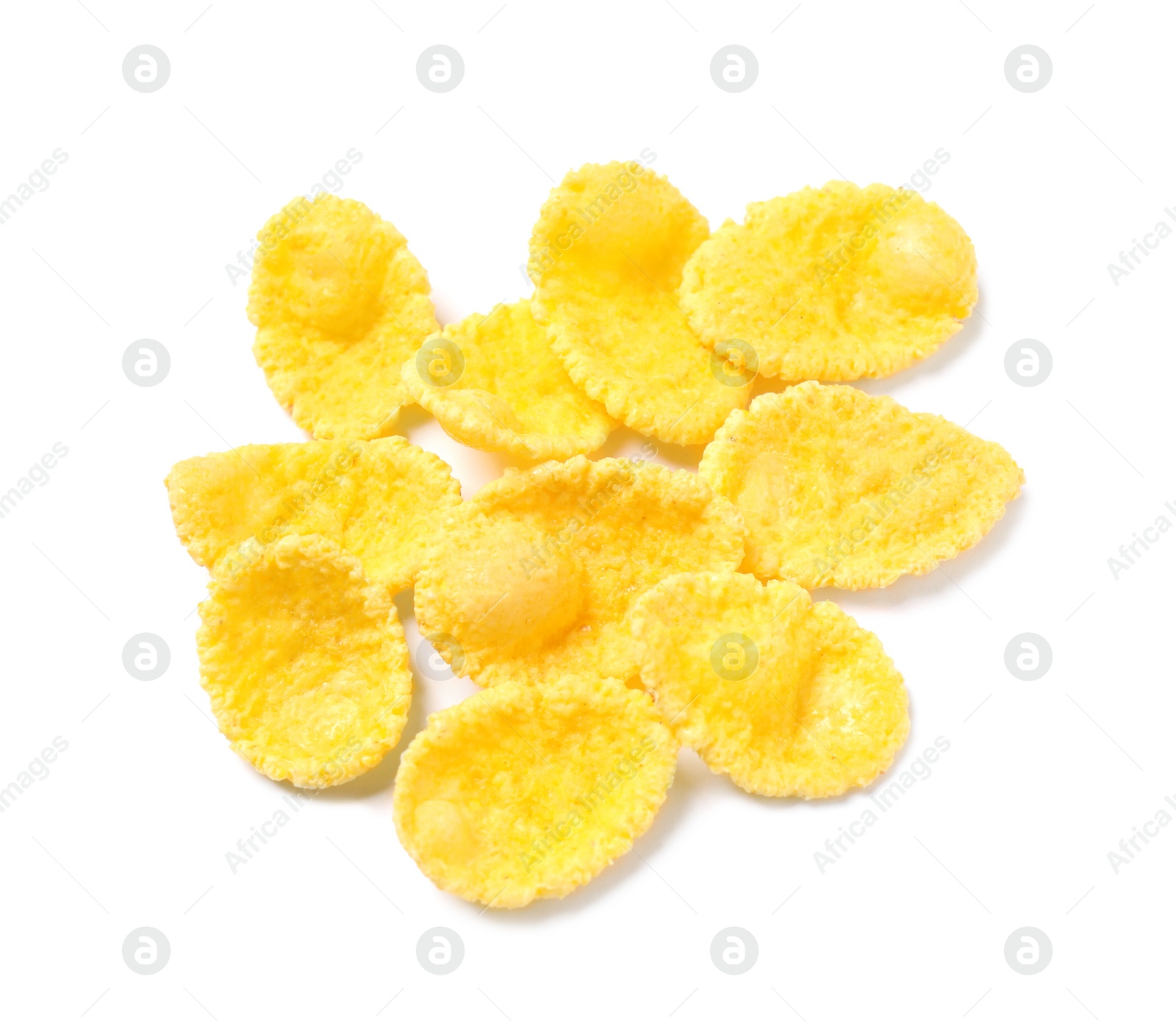 Photo of Tasty crispy corn flakes isolated on white, top view