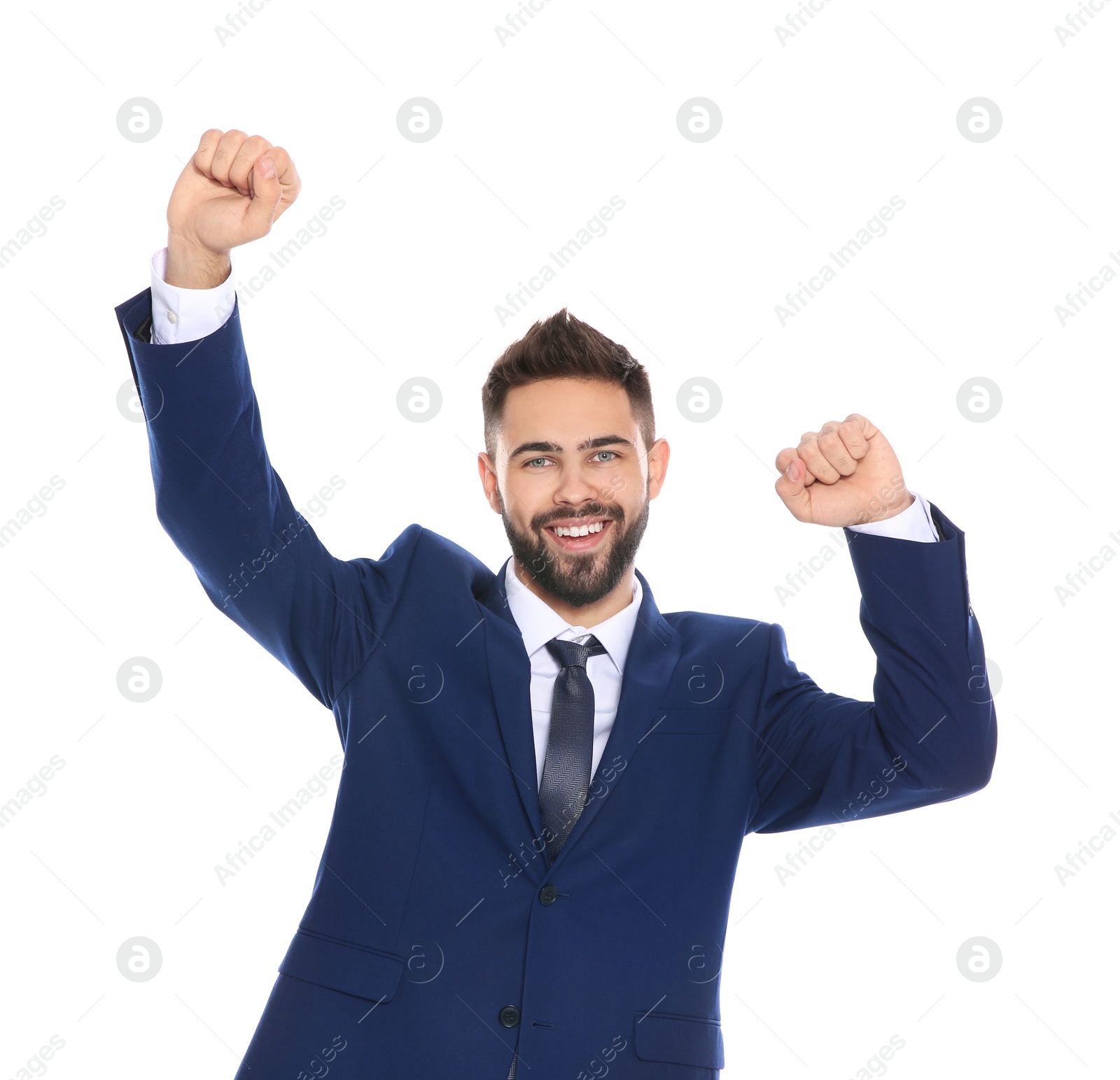 Photo of Happy young businessman celebrating victory on white background