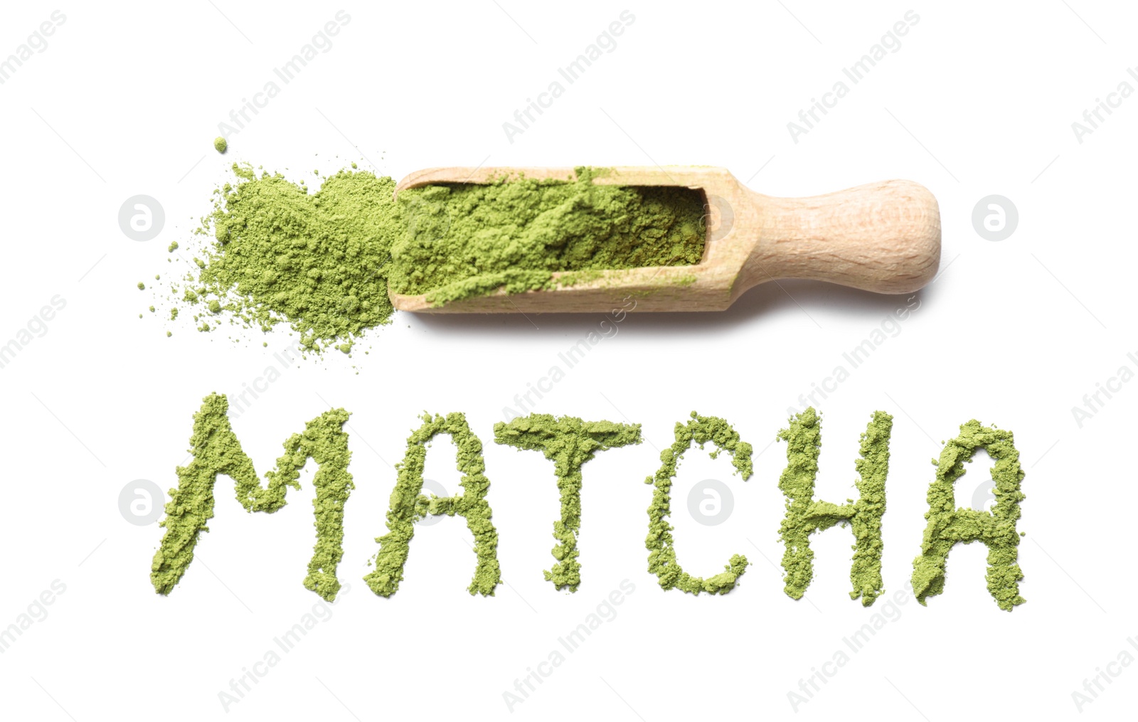 Photo of Word Matcha made of green powder and wooden scoop isolated on white, top view