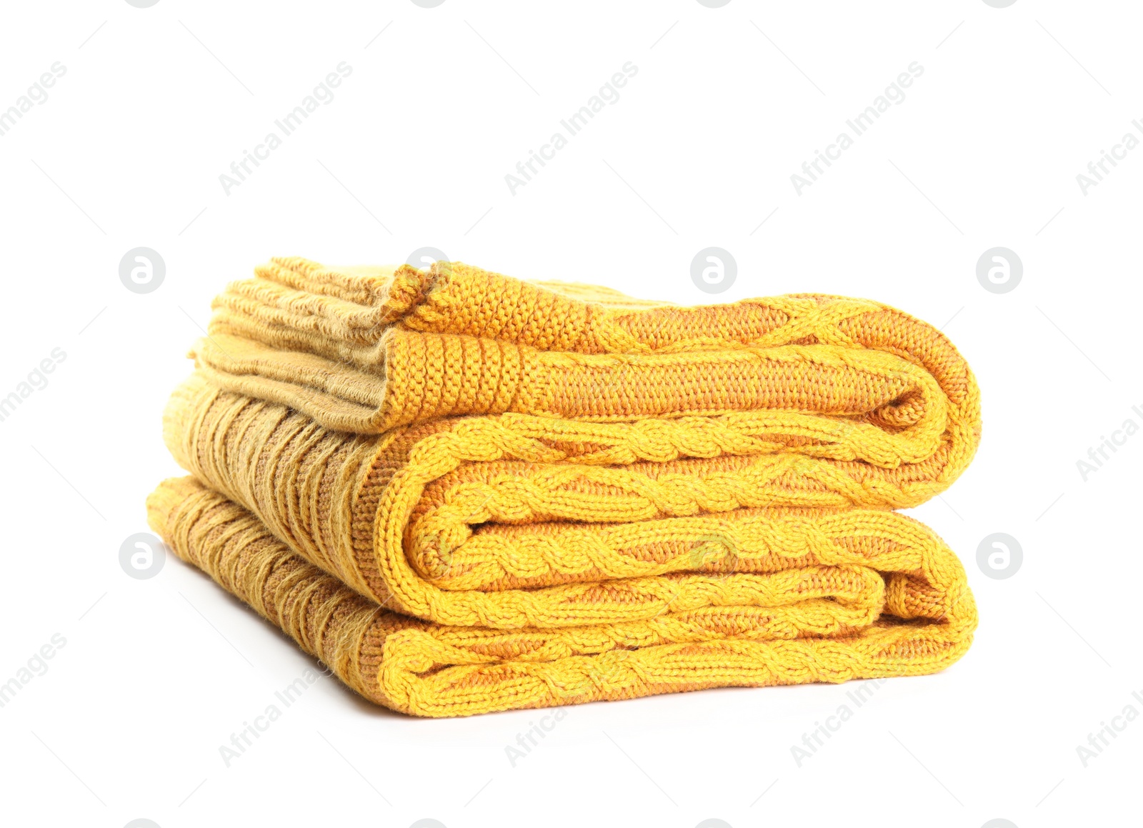 Photo of Stylish yellow knitted plaid on white background