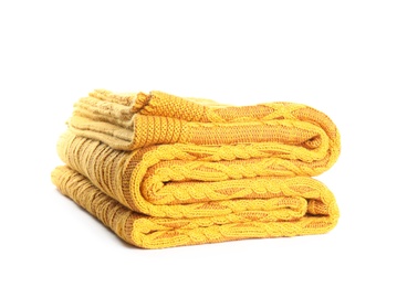 Photo of Stylish yellow knitted plaid on white background