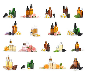 Image of Set with bottles of different essential oils on white background