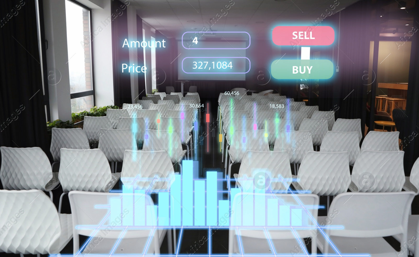 Image of Double exposure of financial charts and empty meeting hall. Forex conference 