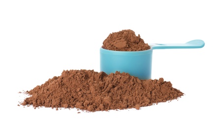 Photo of Scoop and pile of chocolate protein powder isolated on white