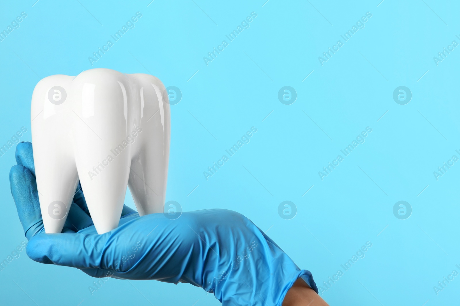 Photo of Dentist holding ceramic model of tooth on color background, space for text