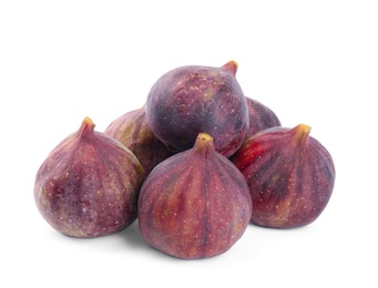 Photo of Pile of tasty fresh figs on white background