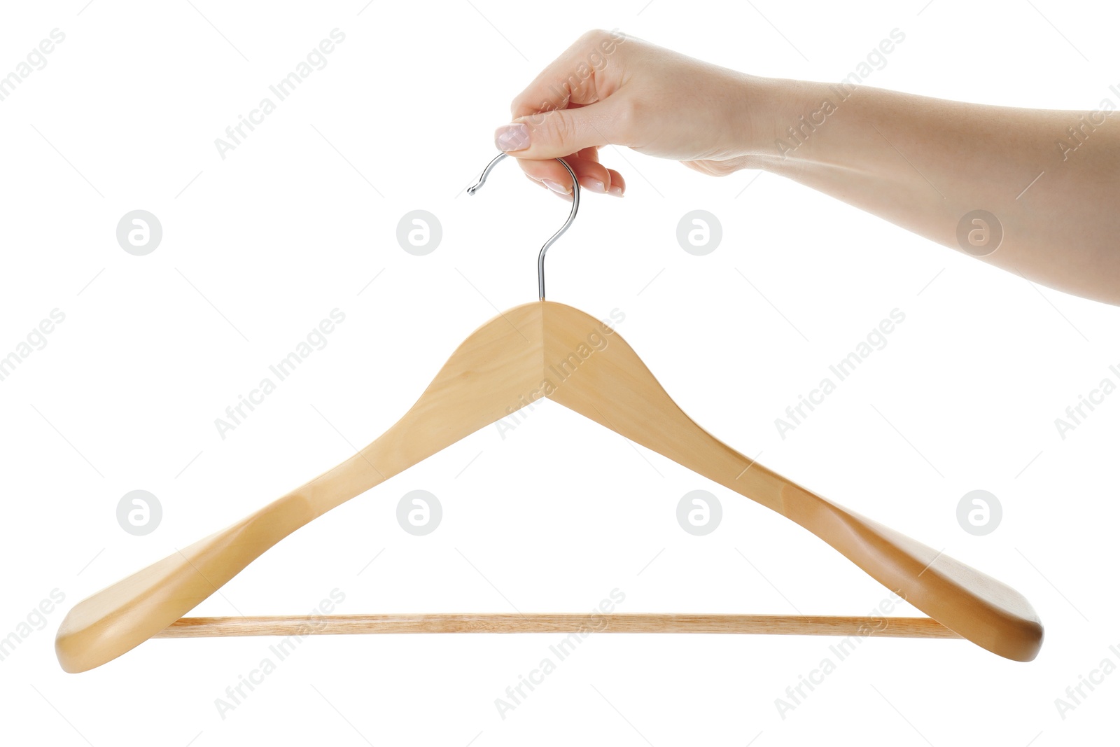 Photo of Woman holding hanger on white background, closeup