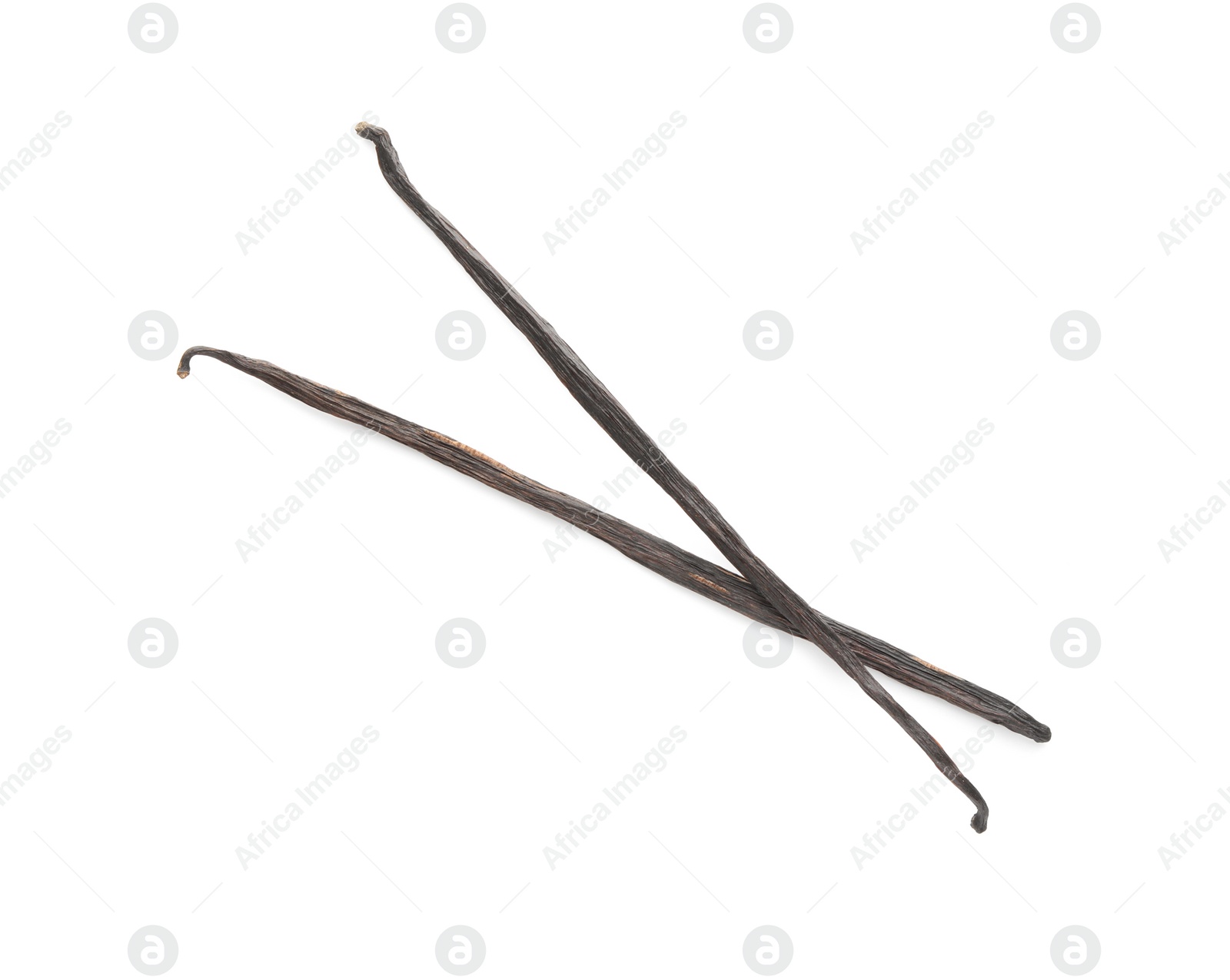 Photo of Two aromatic vanilla pods isolated on white, top view