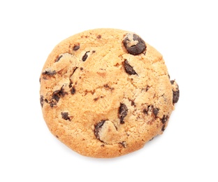 Tasty chocolate chip cookie on white background, top view