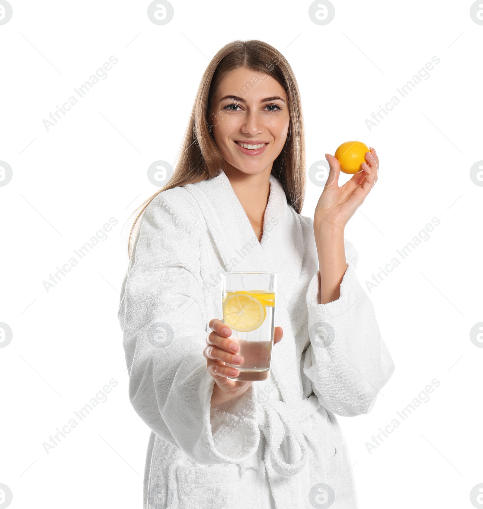 Photo of Young woman with glass of lemon water on white background