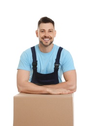 Photo of Portrait of moving service employee with cardboard box on white background