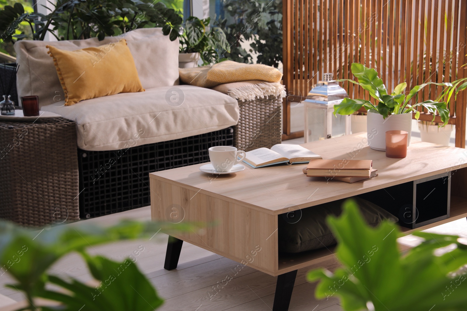 Photo of Indoor terrace interior with modern furniture and houseplants