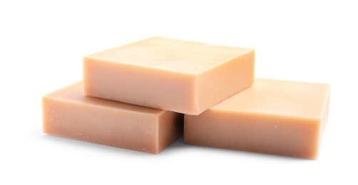 Hand made soap bars on white background