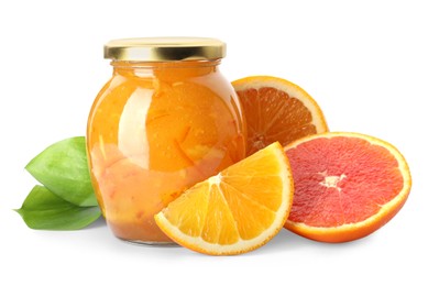 Photo of Delicious orange marmalade in glass jar and fresh fruits on white background