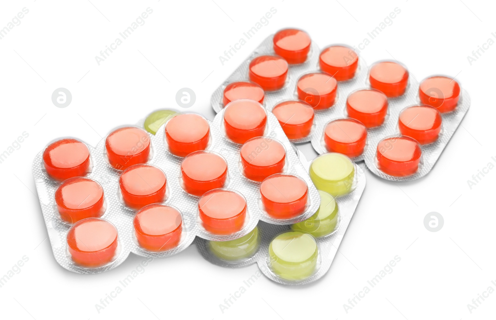Photo of Blisters with colorful cough drops on white background