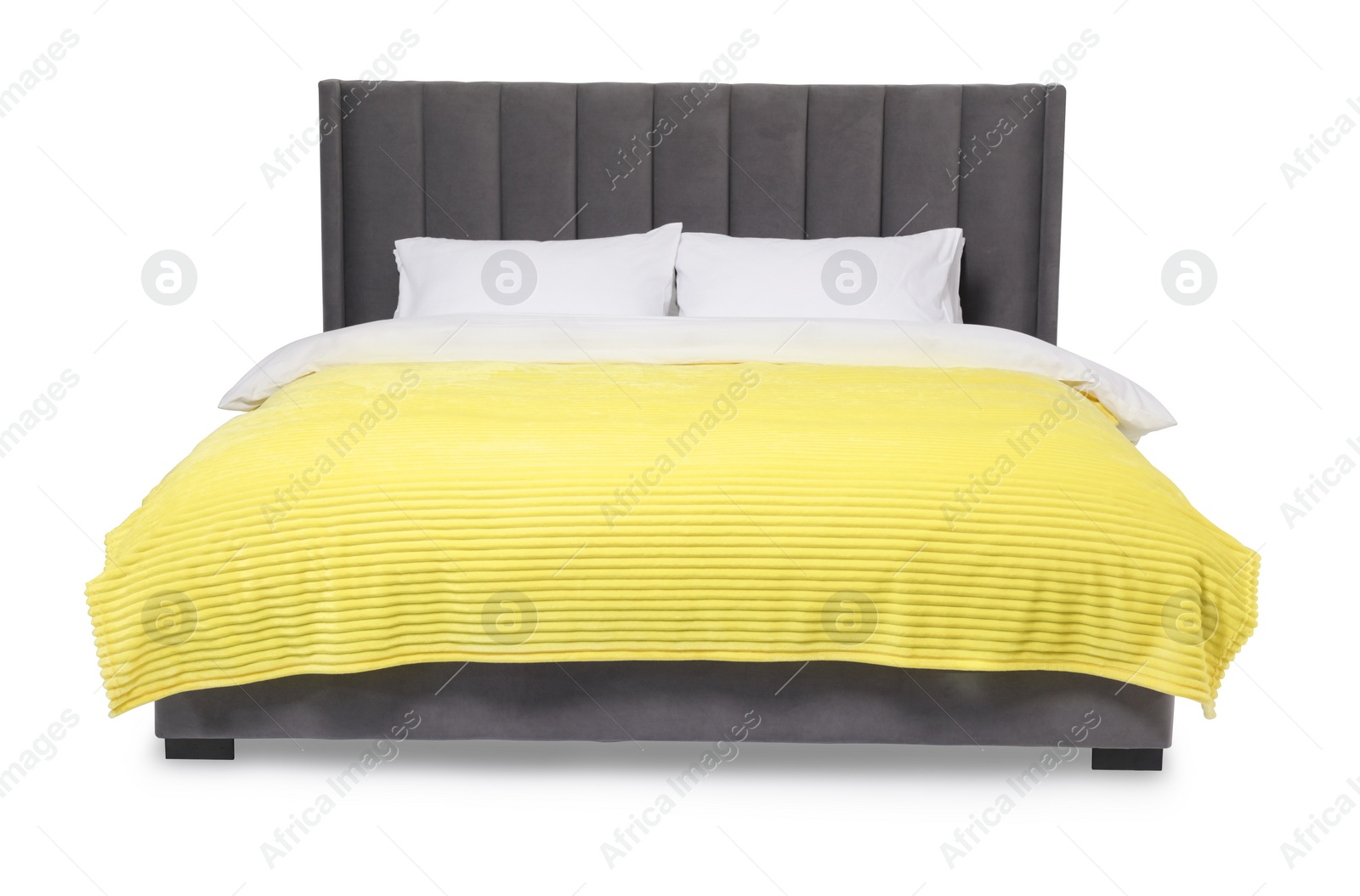 Photo of Comfortable gray bed with linens on white background