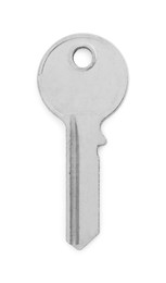 One metal key isolated on white, top view