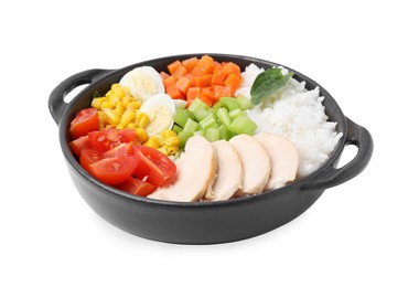 Photo of Delicious poke bowl with meat, egg, rice and vegetables isolated on white