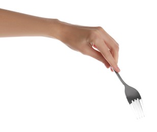 Photo of Woman with shiny silver fork on white background, closeup