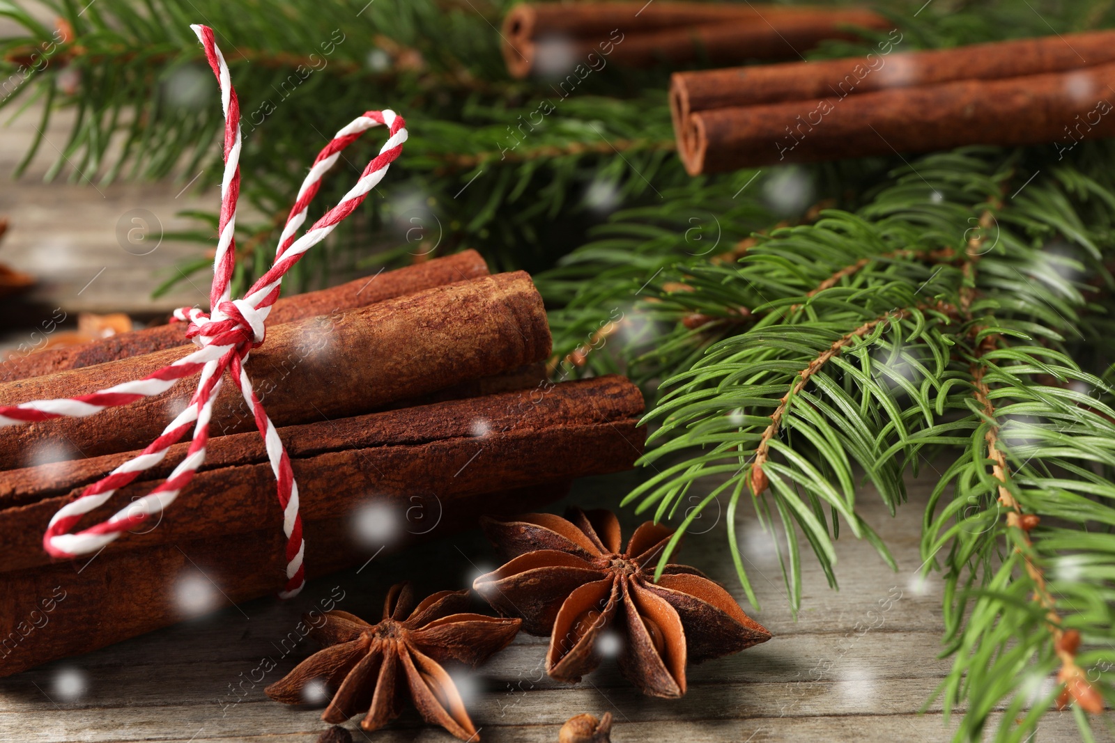 Image of Different spices and fir tree branches on wooden table, closeup. Cinnamon, anise, cloves