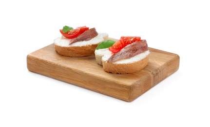 Photo of Delicious sandwiches with cream cheese, anchovies, tomatoes and basil on white background