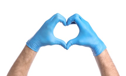 Photo of Doctor in medical gloves making heart with hands on white background, closeup