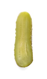 Photo of Half of tasty pickled cucumber on white background, top view