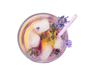 Photo of Fresh delicious lemonade with lavender and straw isolated on white, top view