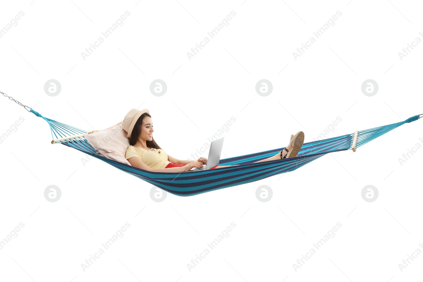 Photo of Woman with laptop in hammock on white background