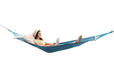 Photo of Woman with laptop in hammock on white background