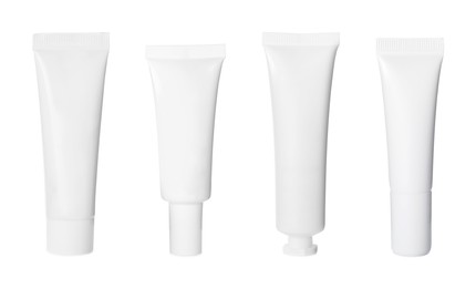 Image of Set with blank tubes of cosmetic products on white background. Mockup for design