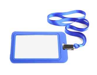 Photo of Blank blue badge with string isolated on white