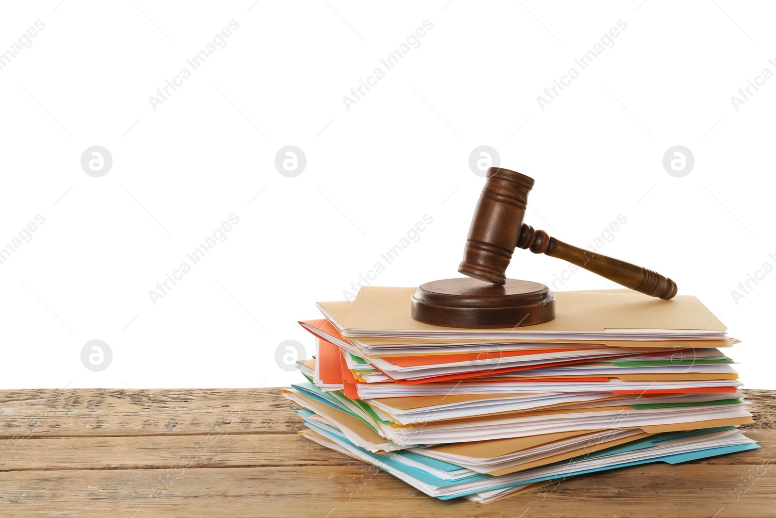 Photo of Stack of different files with documents and gavel on wooden table against white background. Space for text