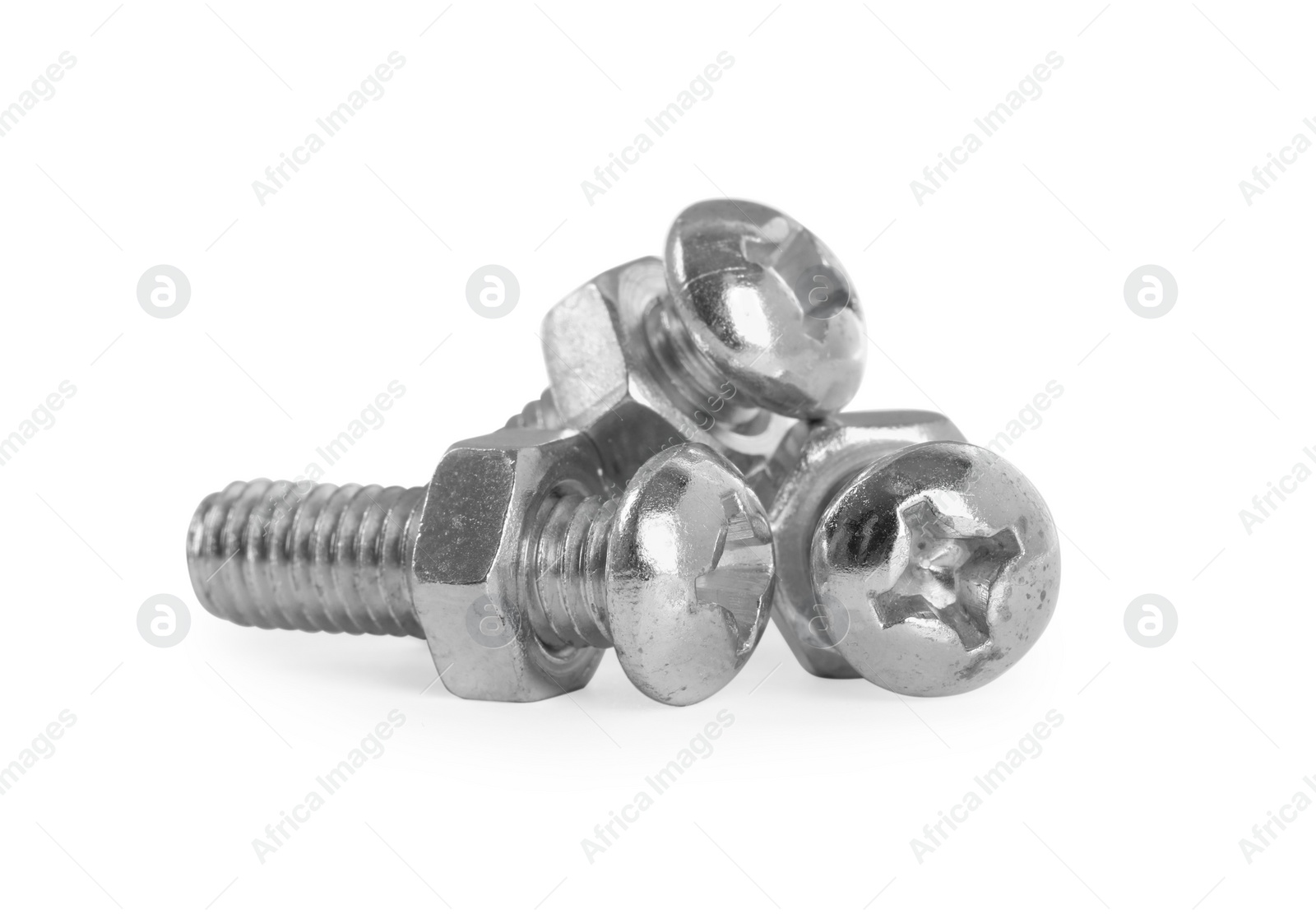 Photo of Metal bolts with hex nuts on white background