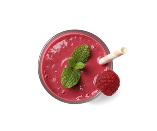 Glass of tasty raspberry smoothie isolated on white, top view