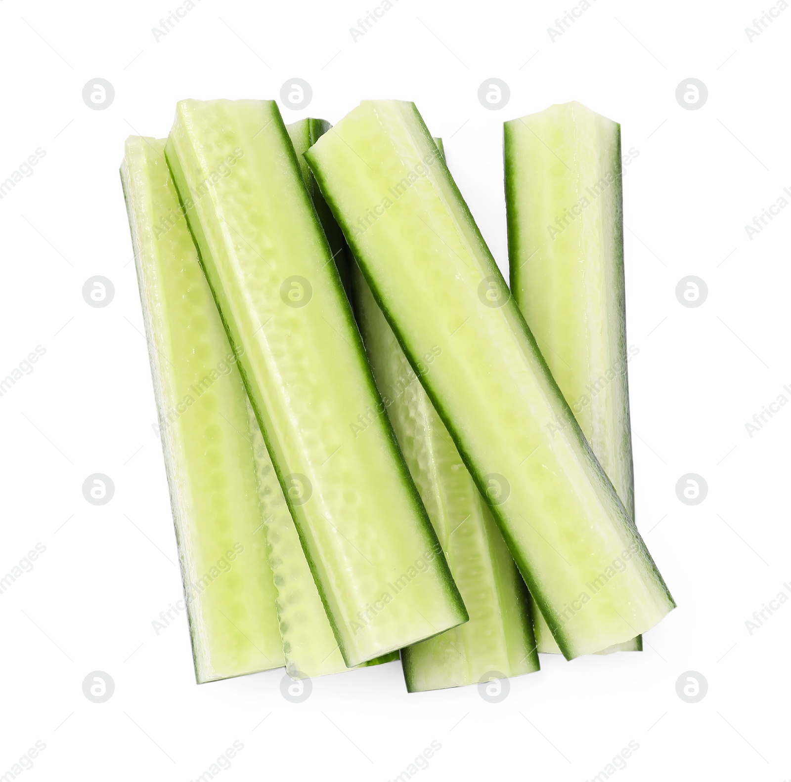 Photo of Pieces of fresh cucumber isolated on white, top view