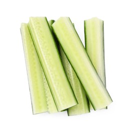 Photo of Pieces of fresh cucumber isolated on white, top view