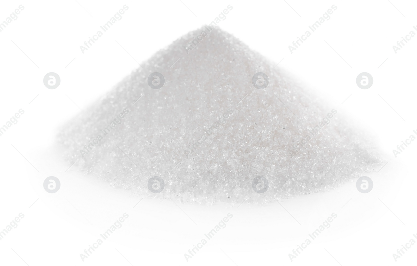 Photo of Pile of granulated sugar on white background