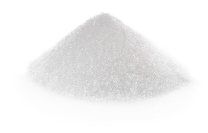 Photo of Pile of granulated sugar on white background