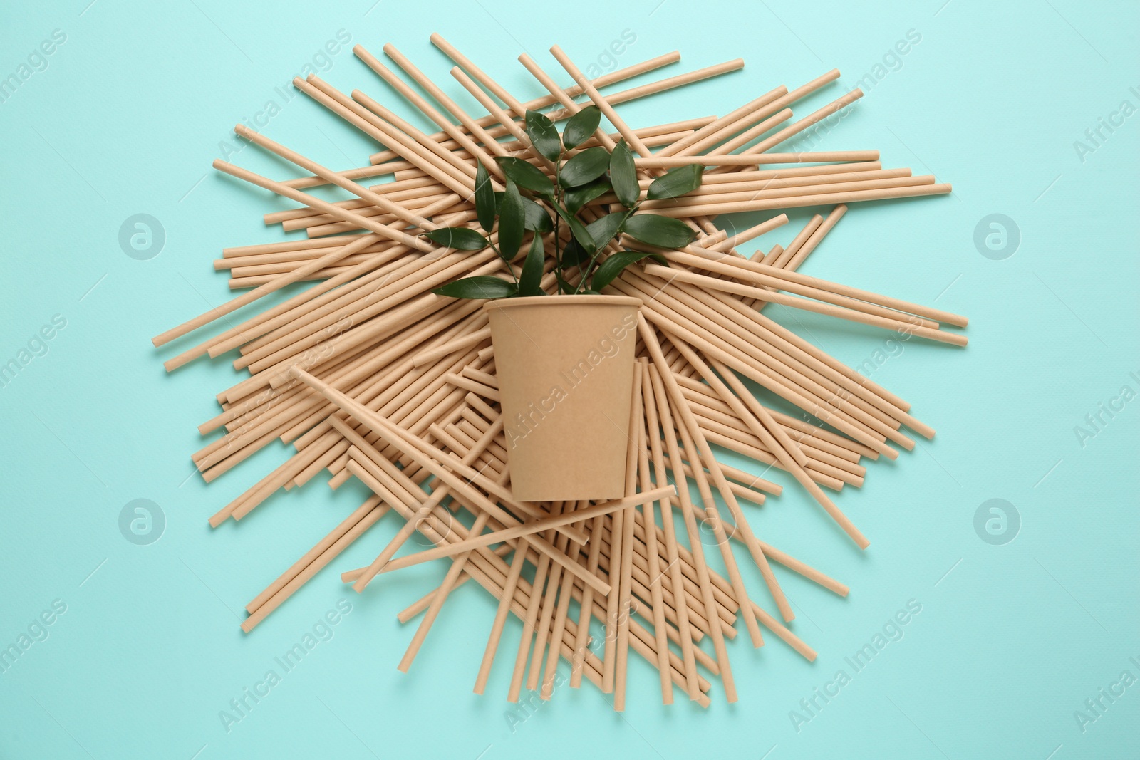 Photo of Paper cup with green twigs and bamboo straws on turquoise background, flat lay. Eco friendly lifestyle