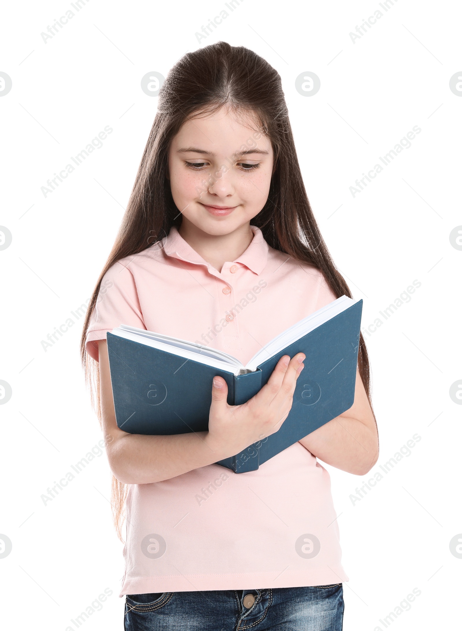 Photo of Cute little girl reading book on white background