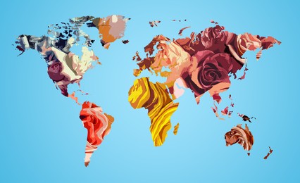 World map made of beautiful flowers on light blue background, banner design