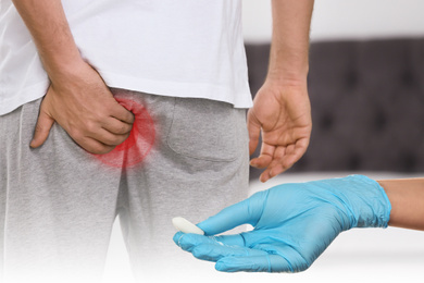Image of Doctor holding suppository for hemorrhoid treatment and man suffering from pain, closeup