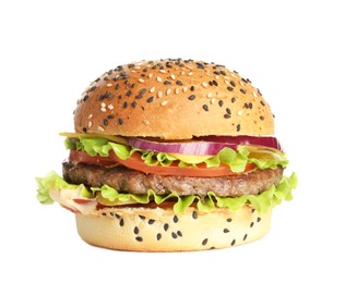 Photo of Burger with delicious patty isolated on white