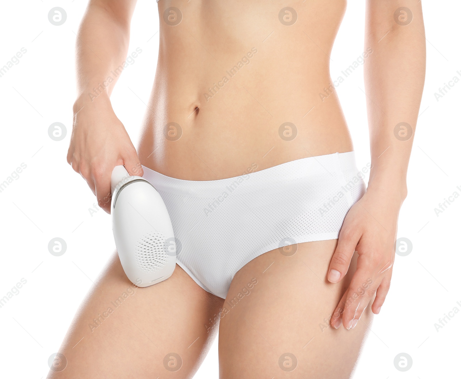 Photo of Woman doing bikini epilation procedure isolated on white, closeup