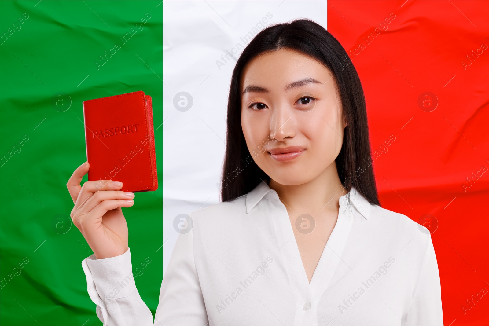 Image of Immigration. Woman with passport against national flag of Italy